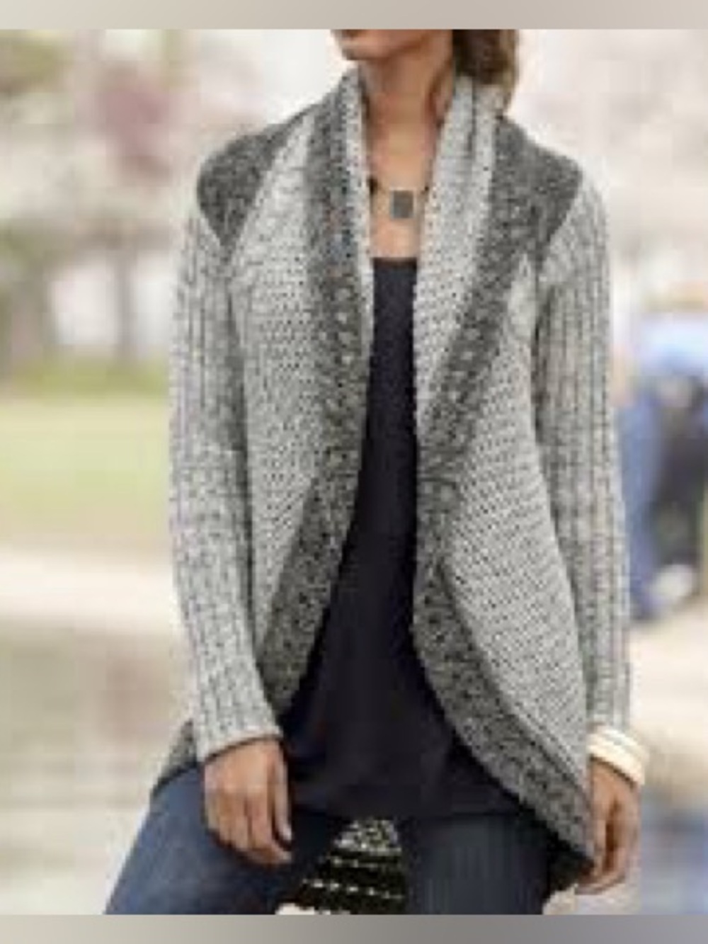 Cabi Shadow Circle Cardigan — Chunky Marled Gray Crochet Open Knit Sweater